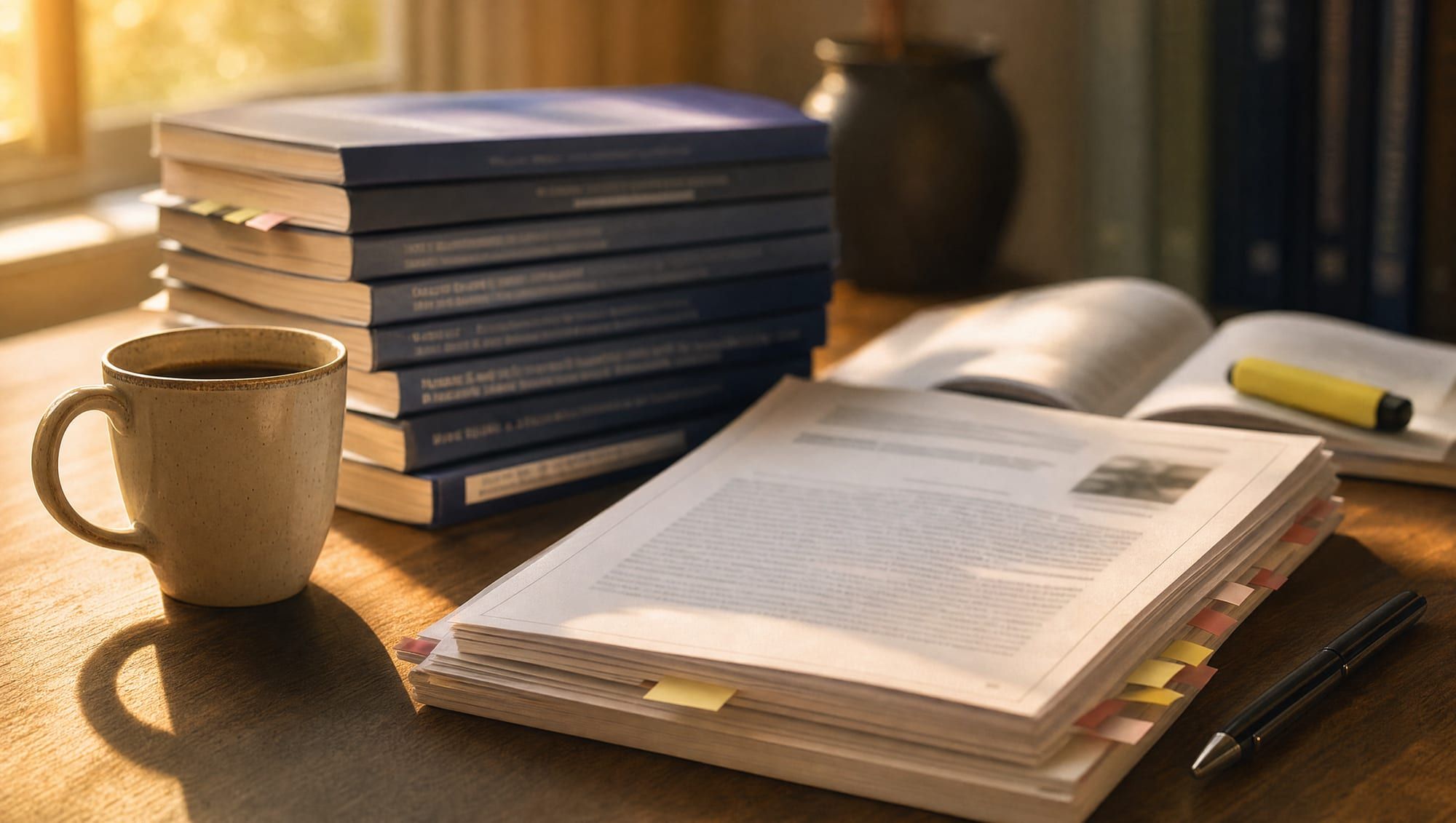 Stacks of printed research studies with sticky tabs, an open book with a highlighter and a mug of coffee on a wooden desk in warm evening light