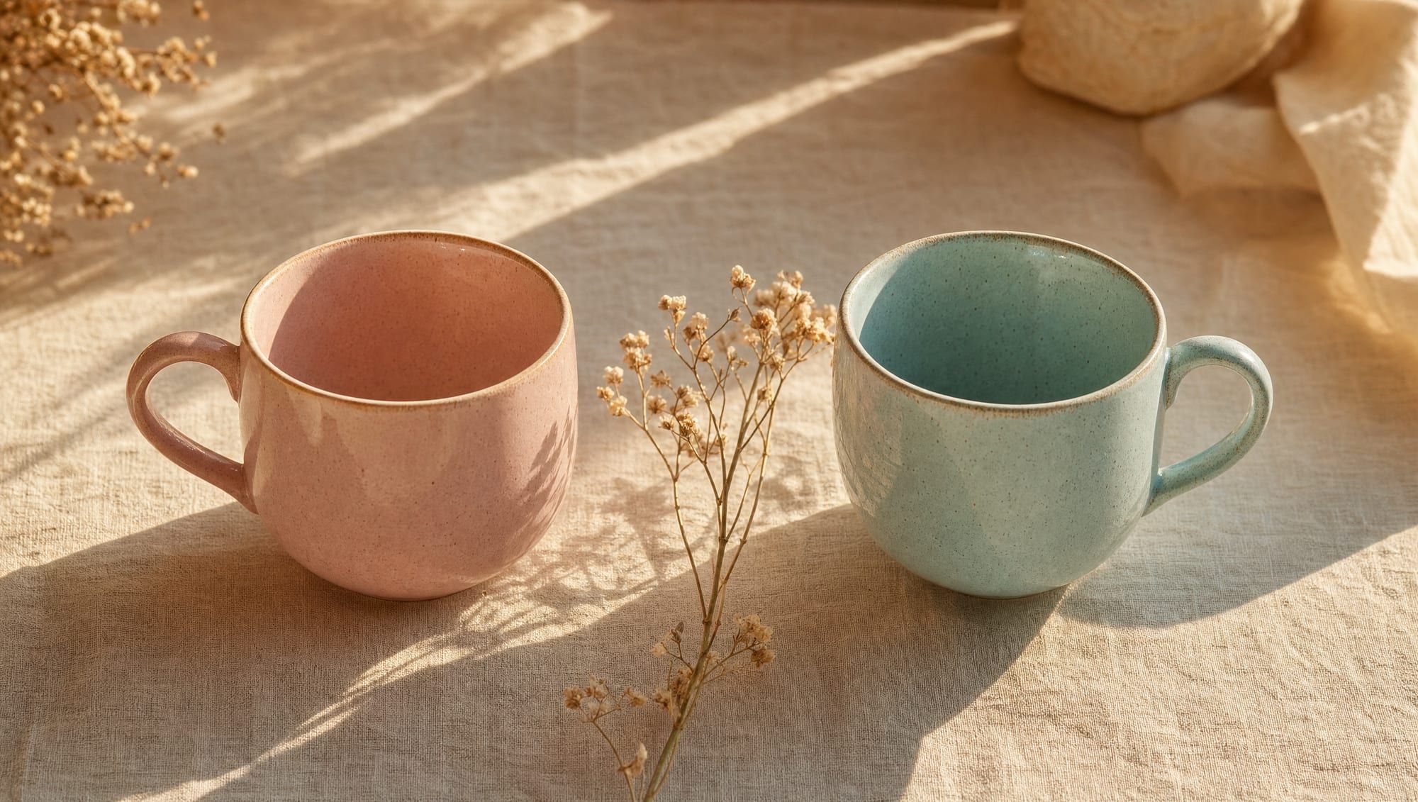 A pink cup and an aqua cup side by side on a linen tablecloth in golden light, with a sprig of dried flowers between them
