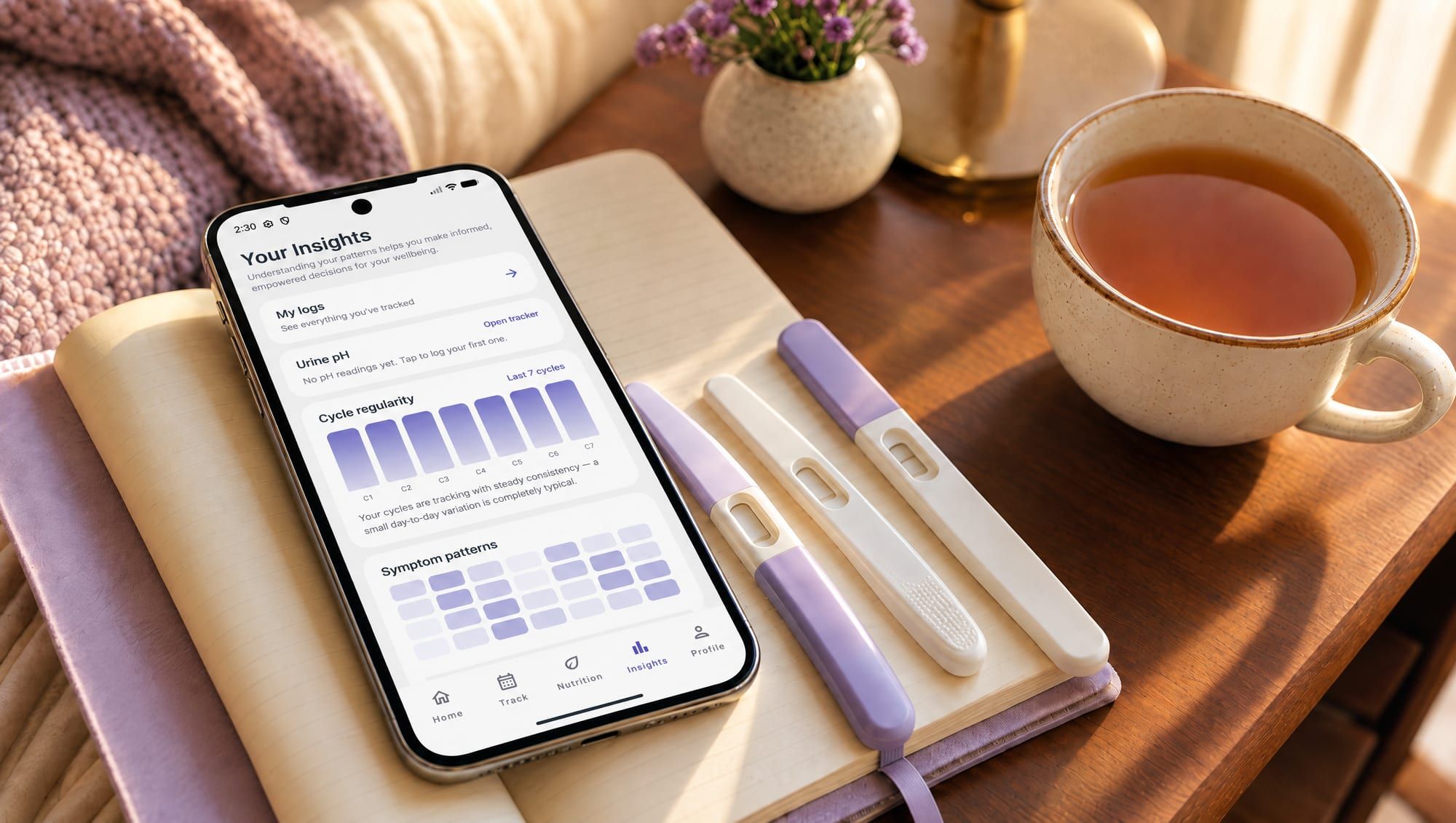 A phone showing the Genesyx app's Insights screen on an open notebook, beside three ovulation test sticks and a cup of tea