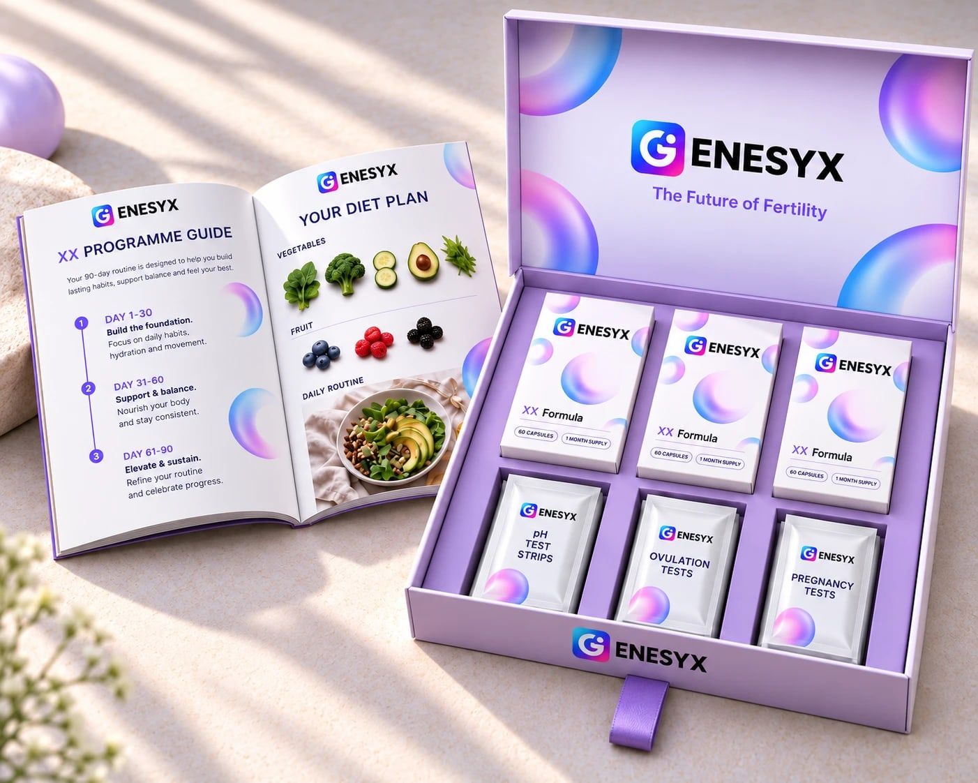 The Genesyx XX programme box, with three monthly formula packs, pH test strips, ovulation tests, pregnancy tests and the XX programme nutrition guide